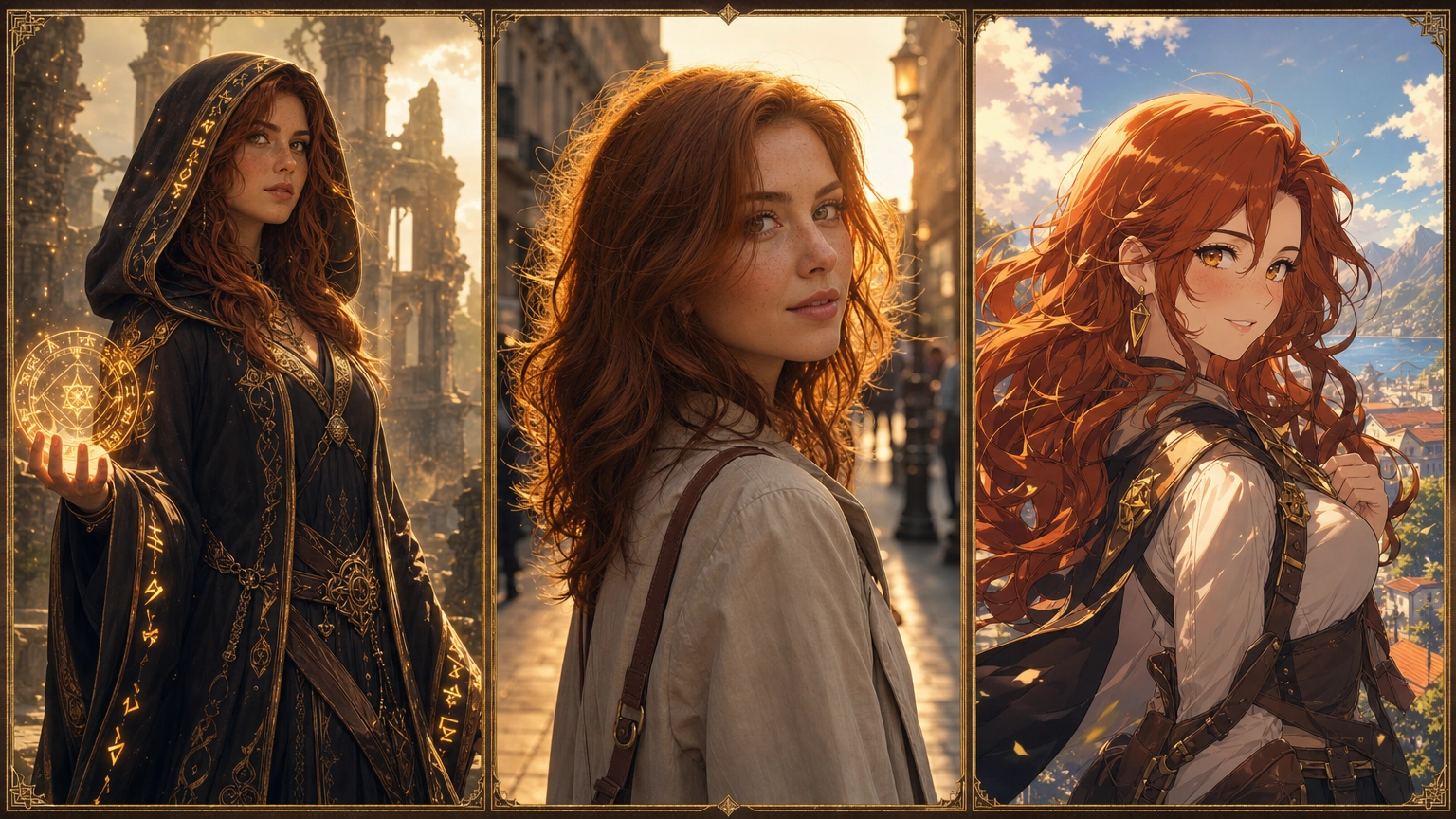 Três personagens gerados por IA em diferentes estilos, fantasia, realista e anime, demonstrando que as técnicas de consistência de personagens funcionam em diversos gêneros.