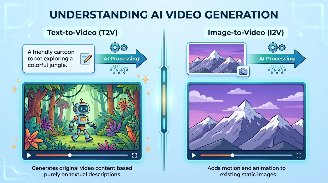 一张对比文生视频和图生视频 AI 生成过程的插图，展示了文本提示词生成视频片段，以及输入图像生成动画视频片段的过程