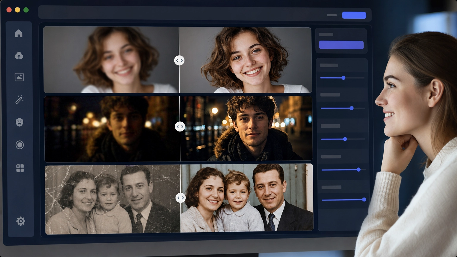 AI photo enhancer tool used to fix blurry photos, improve photo quality, restore old photos, and enhance low-light images online.
