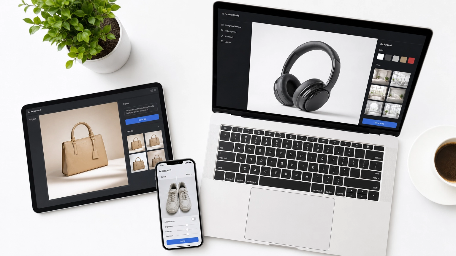 A clean flat-lay showing a phone, tablet, and laptop each displaying a different AI tool interface with a product image being processed.