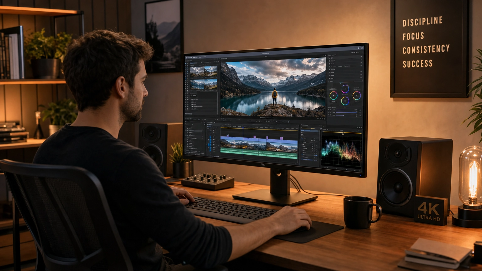 A person sitting at a desk reviewing video footage on a large 4K monitor, showing the before-and-after process of AI upscaling in a home studio environment.