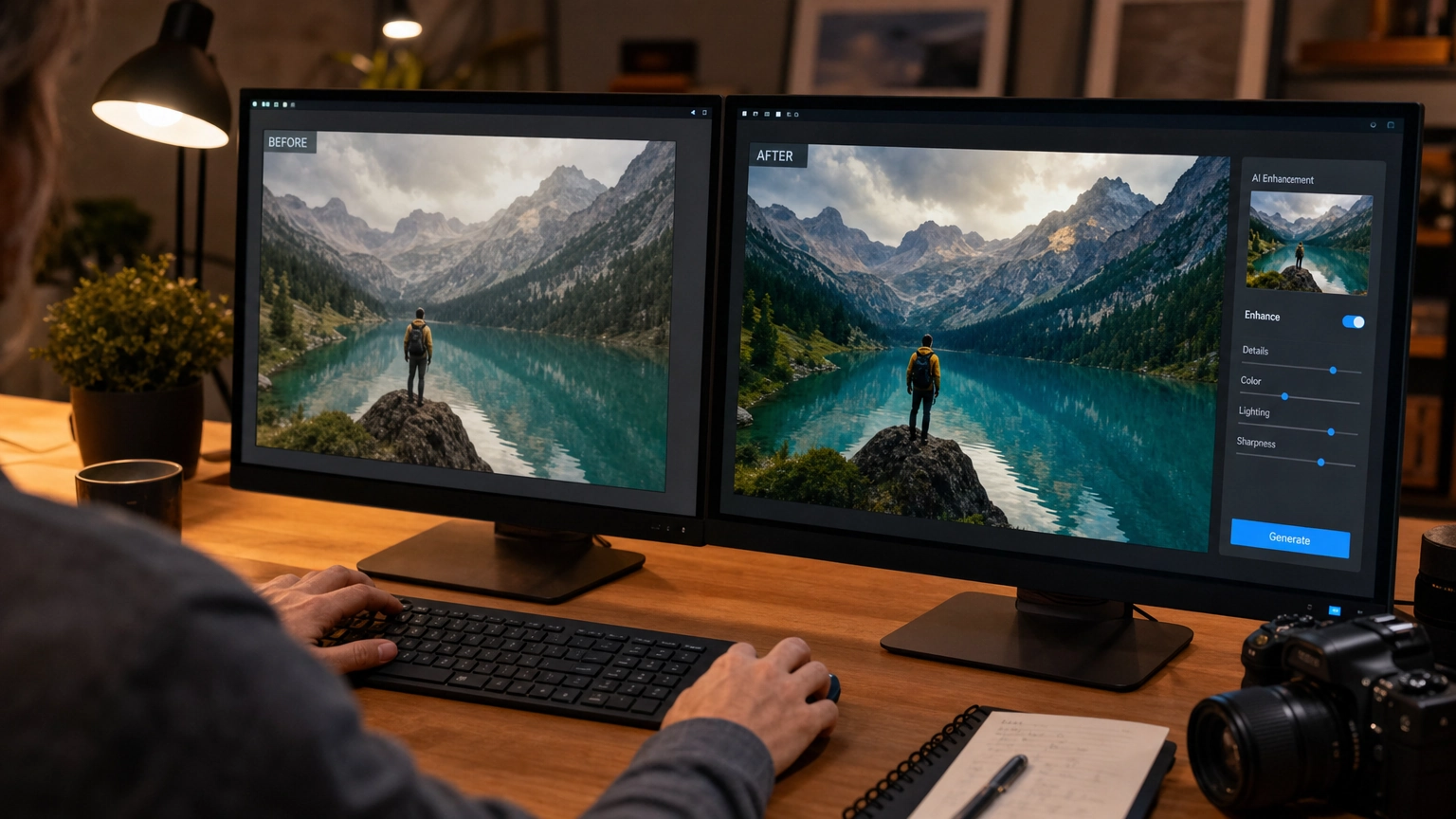 A before-and-after comparison showing an AI image before upscaling and enhancement next to the refined version, displayed on a monitor in a creative workspace.