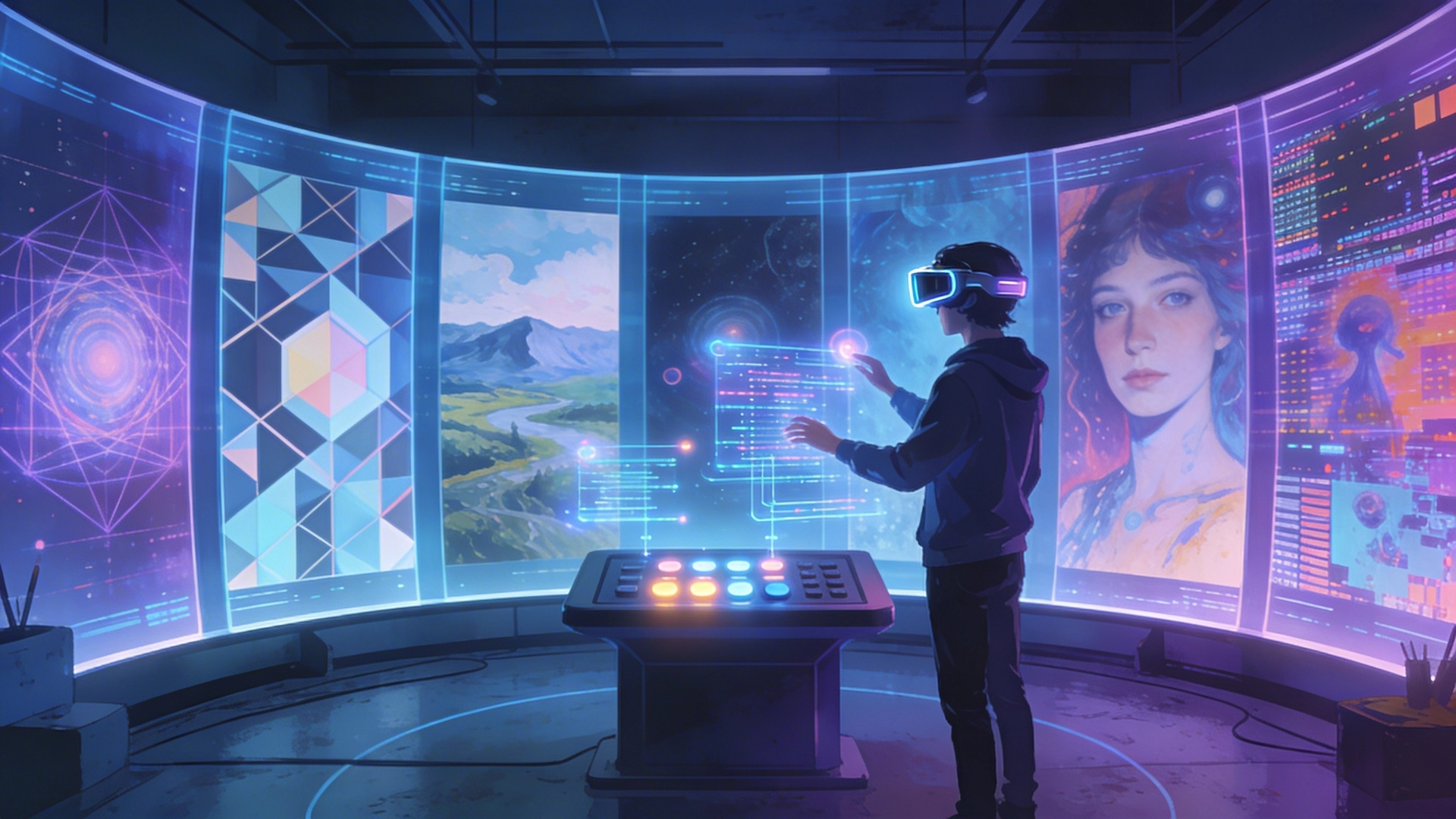 An illustration of a futuristic artist's studio with various AI-generated art styles on screens, representing creative freedom and technical control in AI art.