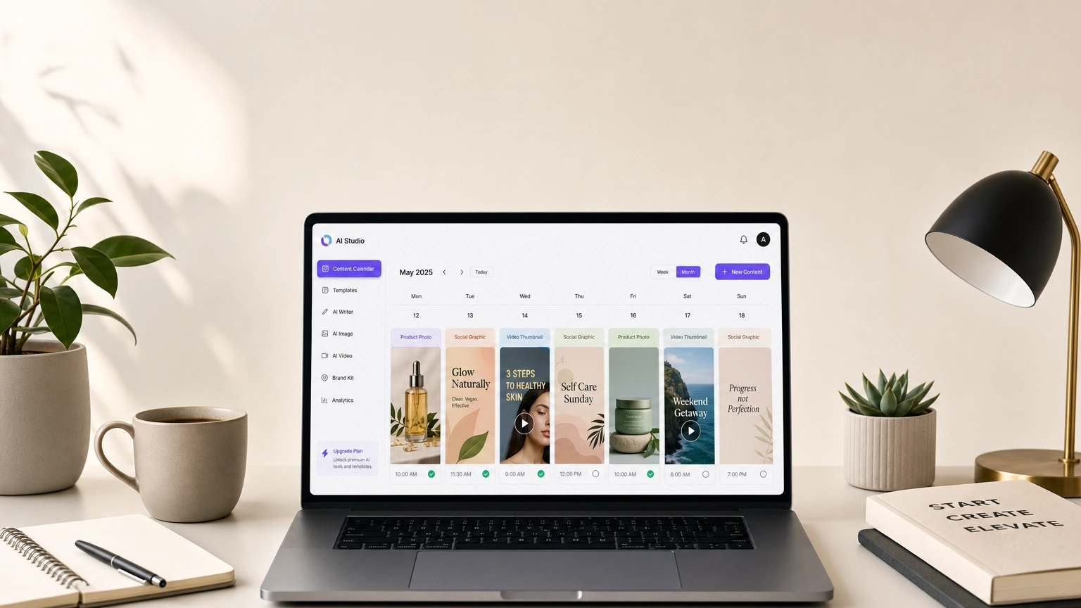 Cuadrícula con ejemplos de contenido visual generado con IA, incluyendo fotografía de producto, gráficos para redes sociales y miniaturas de vídeo que representan las herramientas de creación de contenido con IA