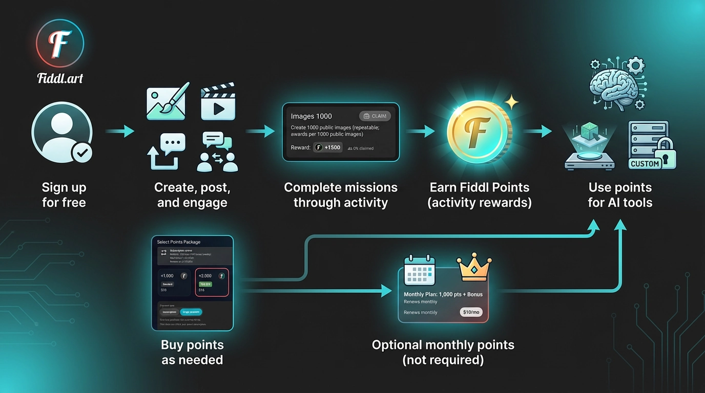 An infographic illustrating Fiddl.art's no-subscription model, showing steps from signing up, completing missions, earning Fiddl Points, to using points for advanced AI tools.