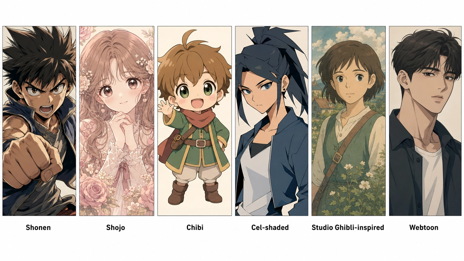 Comparison grid of six anime art styles: shonen, shojo, chibi, cel-shaded, Ghibli-inspired, and modern webtoon.