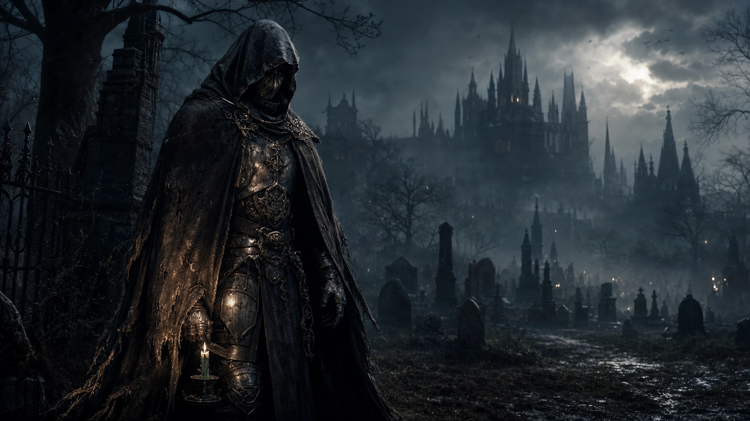 Ví dụ prompt tranh AI dark fantasy về nhân vật, một bóng người trùm áo choàng cầm ngọn nến trong nghĩa địa