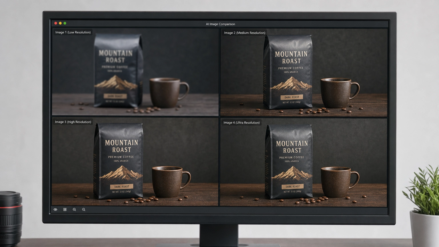 Uma grade limpa de quatro imagens geradas por IA mostrando o mesmo produto renderizado por diferentes modelos, destacando as diferenças na clareza do texto e na qualidade da composição.