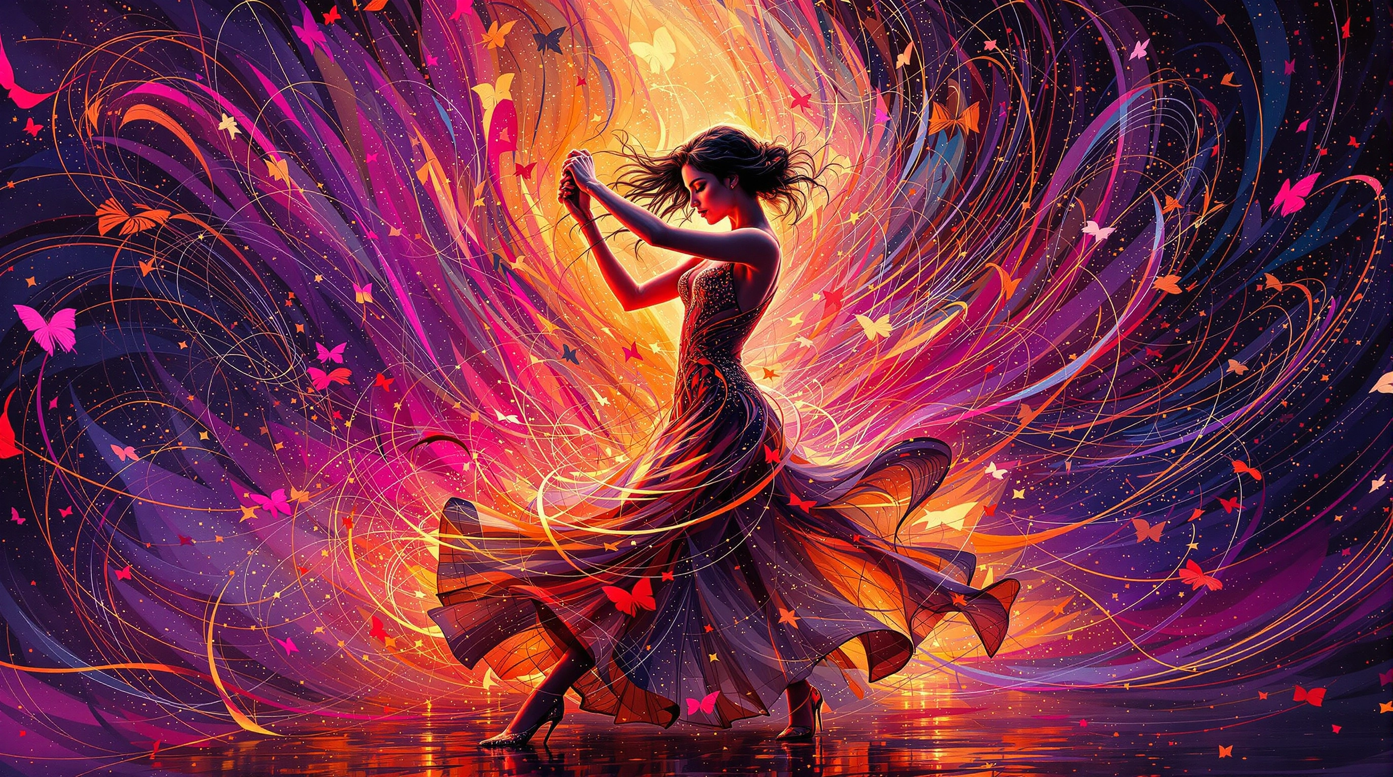 Una galería de arte digital vibrante y futurista llena de diversas obras de arte generadas con IA, donde se aprecian figuras estilizadas interactuando y conectando entre sí en medio de elementos de interfaz de usuario brillantes, simbolizando una plataforma social para artistas de IA.