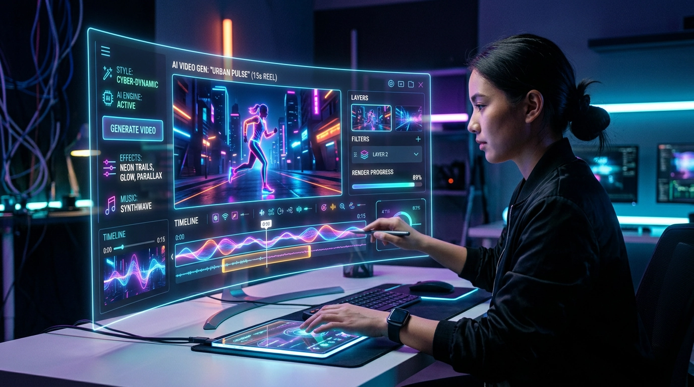 一个人在未来感十足的界面上使用 AI 视频生成器，创作带有发光霓虹图形的动态社交媒体内容，象征着先进的 AI 视频创作技术。