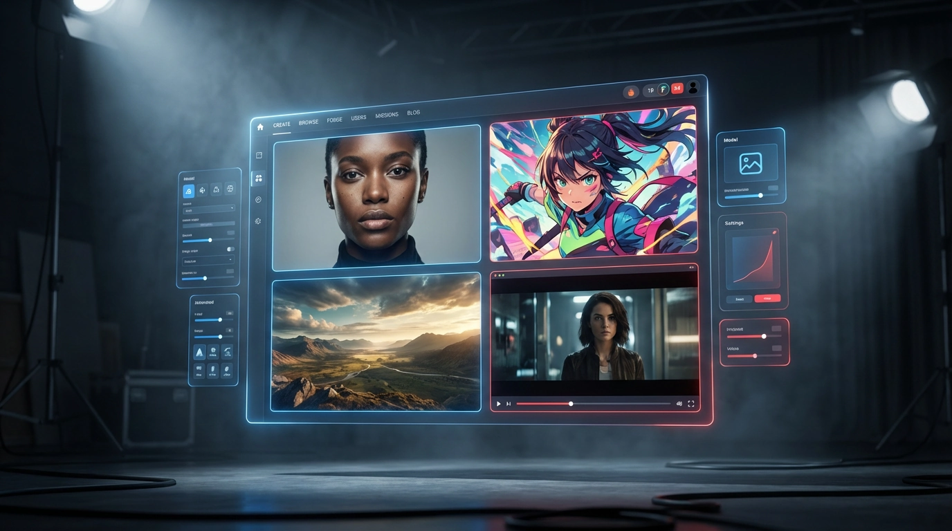 A dynamic representation of the Fiddl.art web interface, showcasing various AI models like Flux.2 and Sora, and illustrating its flexibility for generating diverse images and video