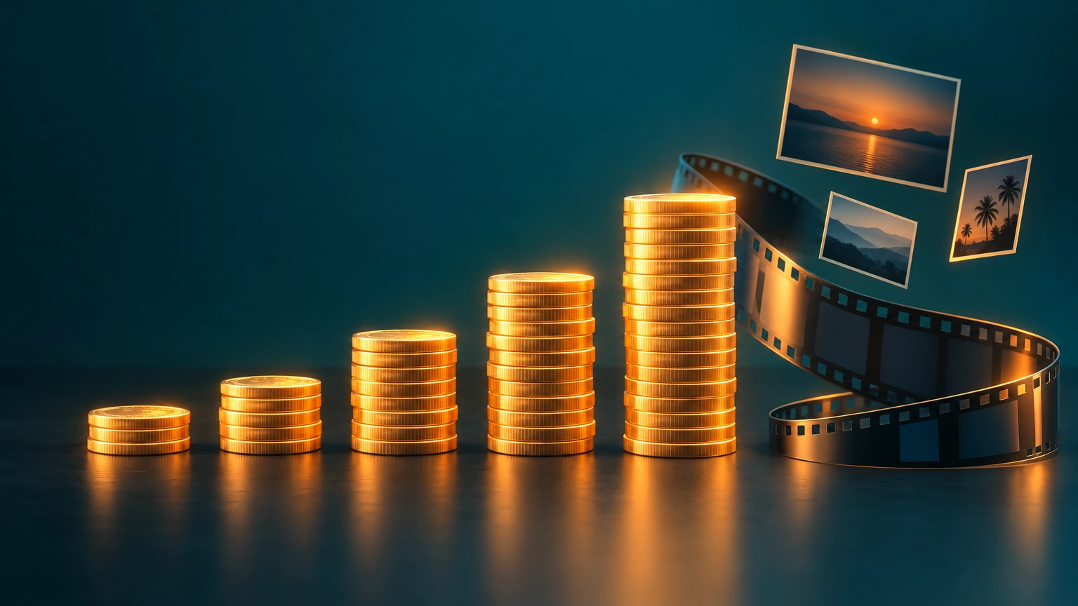Cinco pilas de monedas brillantes de tamaño creciente junto a una tira de película y marcos de fotos, representando paquetes de puntos para modelos de imagen y video