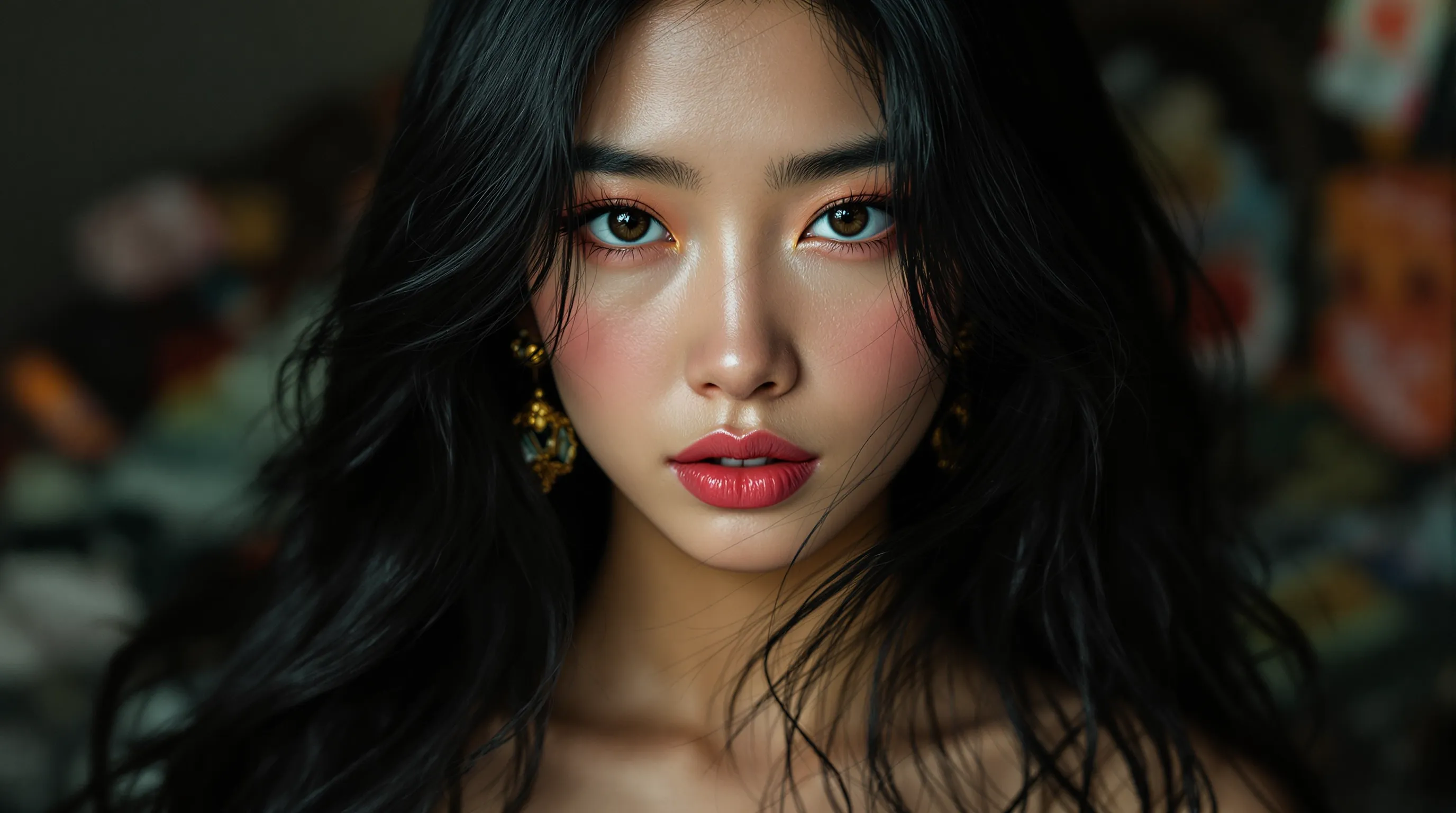 A triptych of three AI-generated portraits of the same female subject, each rendered by a different AI model: Photon (photorealistic), Imagen 4 Ultra (detailed, cinematic), and Flu