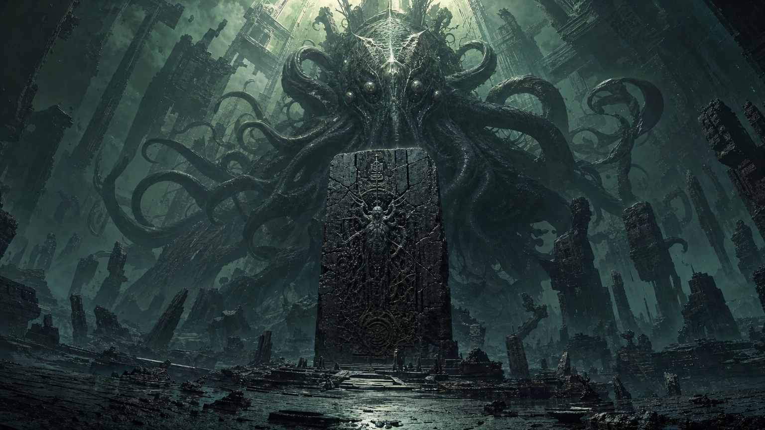 Tranh AI dark fantasy phong cách eldritch cosmic horror về một thực thể khổng lồ phía sau cột đá nguyên khối