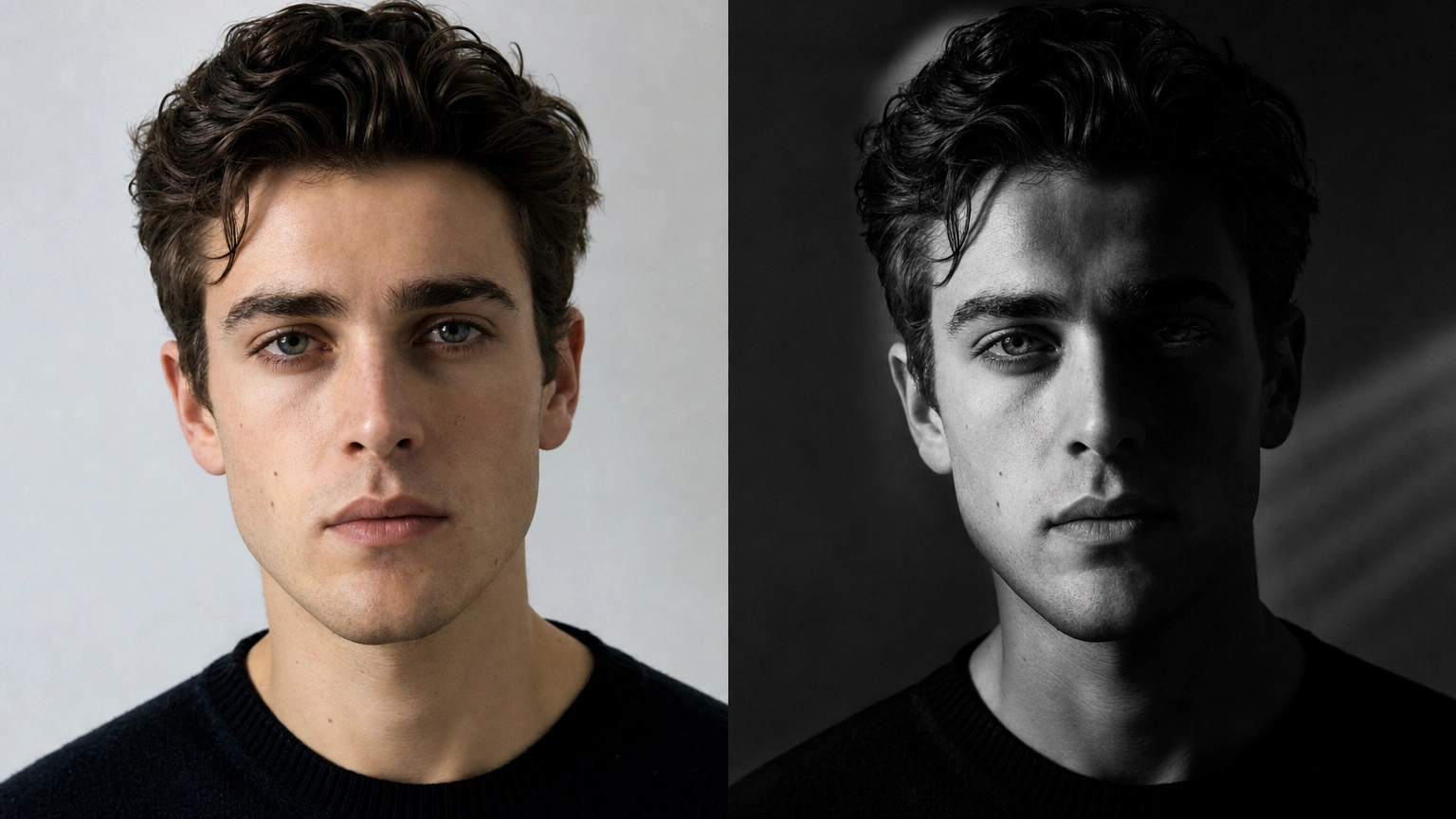 Side-by-side comparison of a portrait, left half a plain photo, right half the same portrait transformed into a high-contrast film noir style with dramatic shadows, illustrating a trending cinematic-style AI photo prompt.