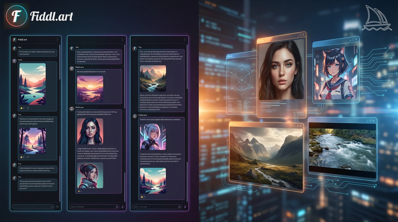 A split-screen or infographic comparing the features and interfaces of Fiddl.art and Midjourney, highlighting Fiddl.art's web-based platform and multi-model support versus Midjourney