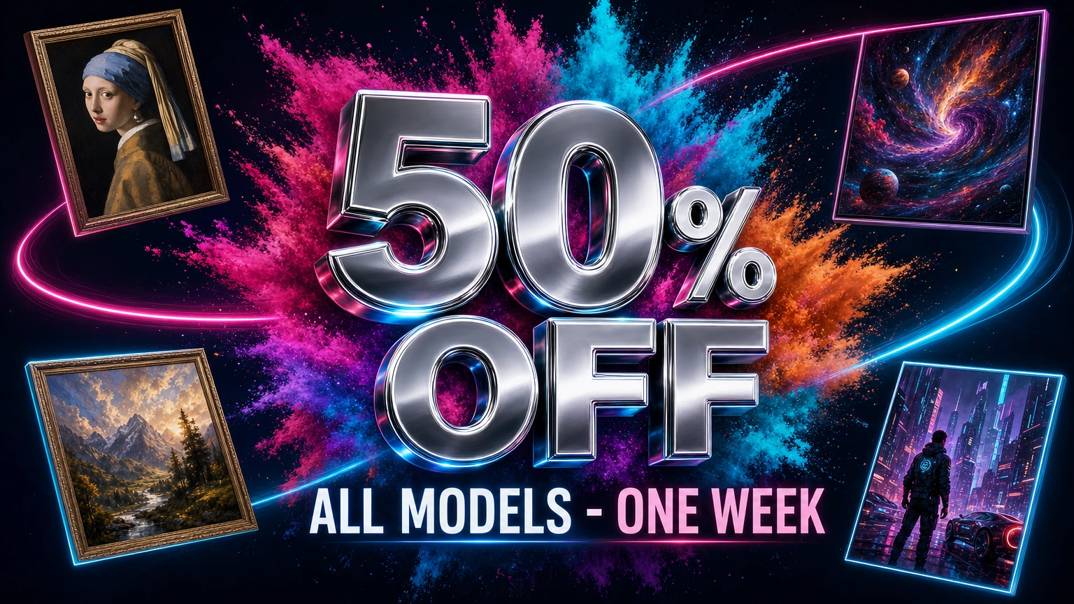 Neon-lit banner reading "50% Off All Models One Week" surrounded by colorful paint splash effects and framed AI-generated artwork samples.