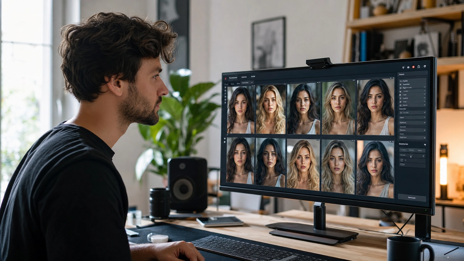 A content creator at a desk working in an AI image platform with multiple generated portrait options visible on screen, showing an iterative workflow in a modern home office setting.