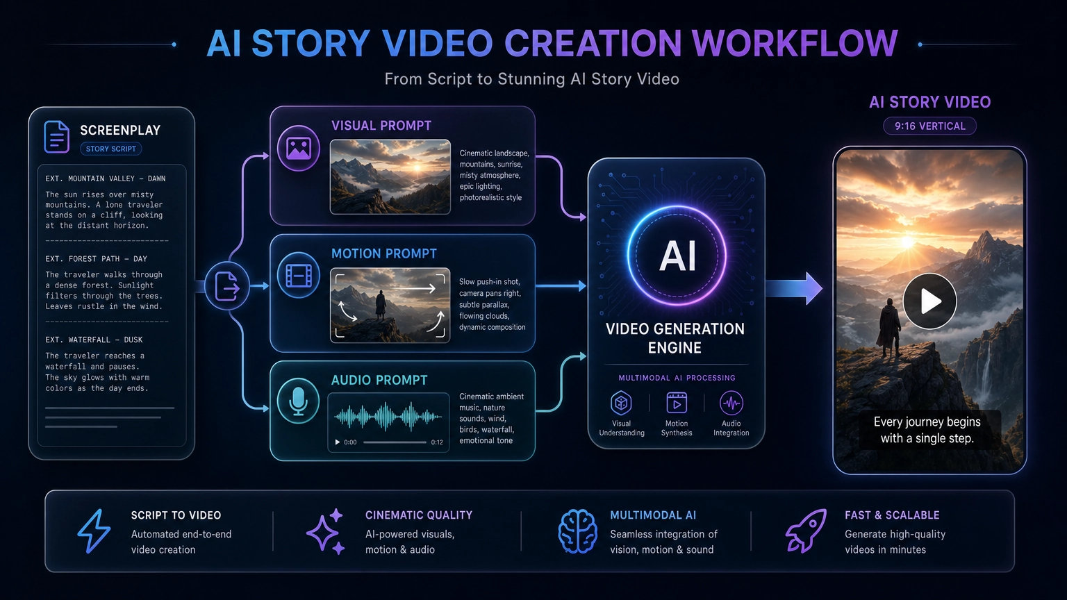 An illustration showing a screenplay being broken down into visual, motion, and audio prompts, flowing into an AI video generation pipeline.