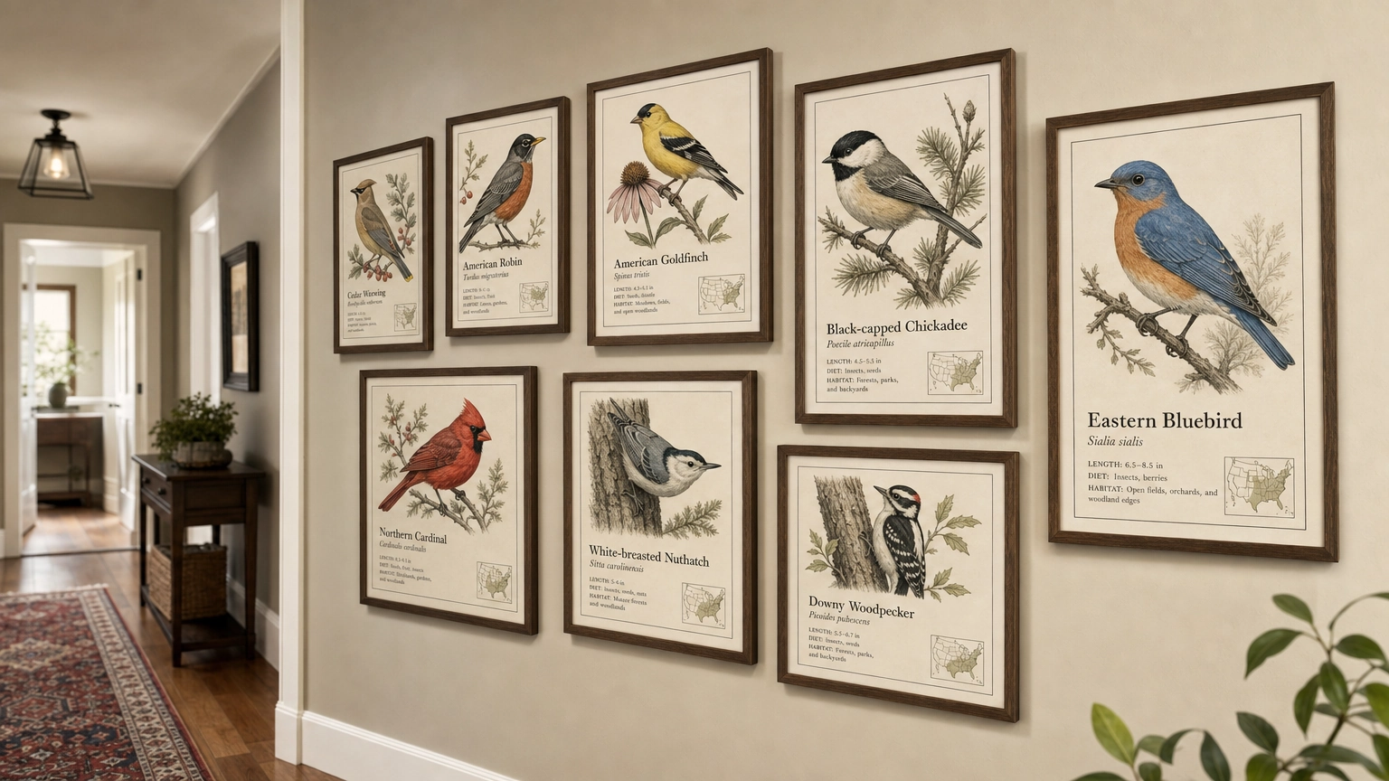 A hallway decorated with a cohesive gallery wall featuring several AI-generated scientific illustrations of local birds in a similar style and framing.