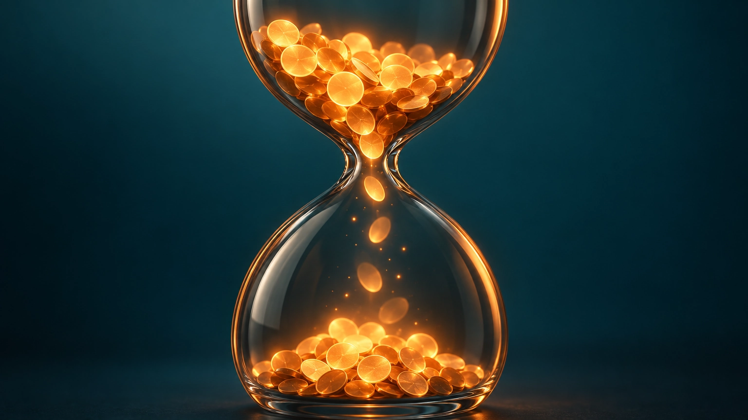 Reloj de arena con fichas brillantes que se van vaciando, representando los créditos que se reinician en cada ciclo de facturación