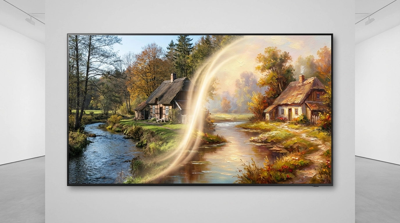 Split landscape artwork showing a rustic countryside cottage beside a flowing river transitioning into a warm oil painting style, illustrating AI photo-to-painting transformation with autumn colors and scenic nature.