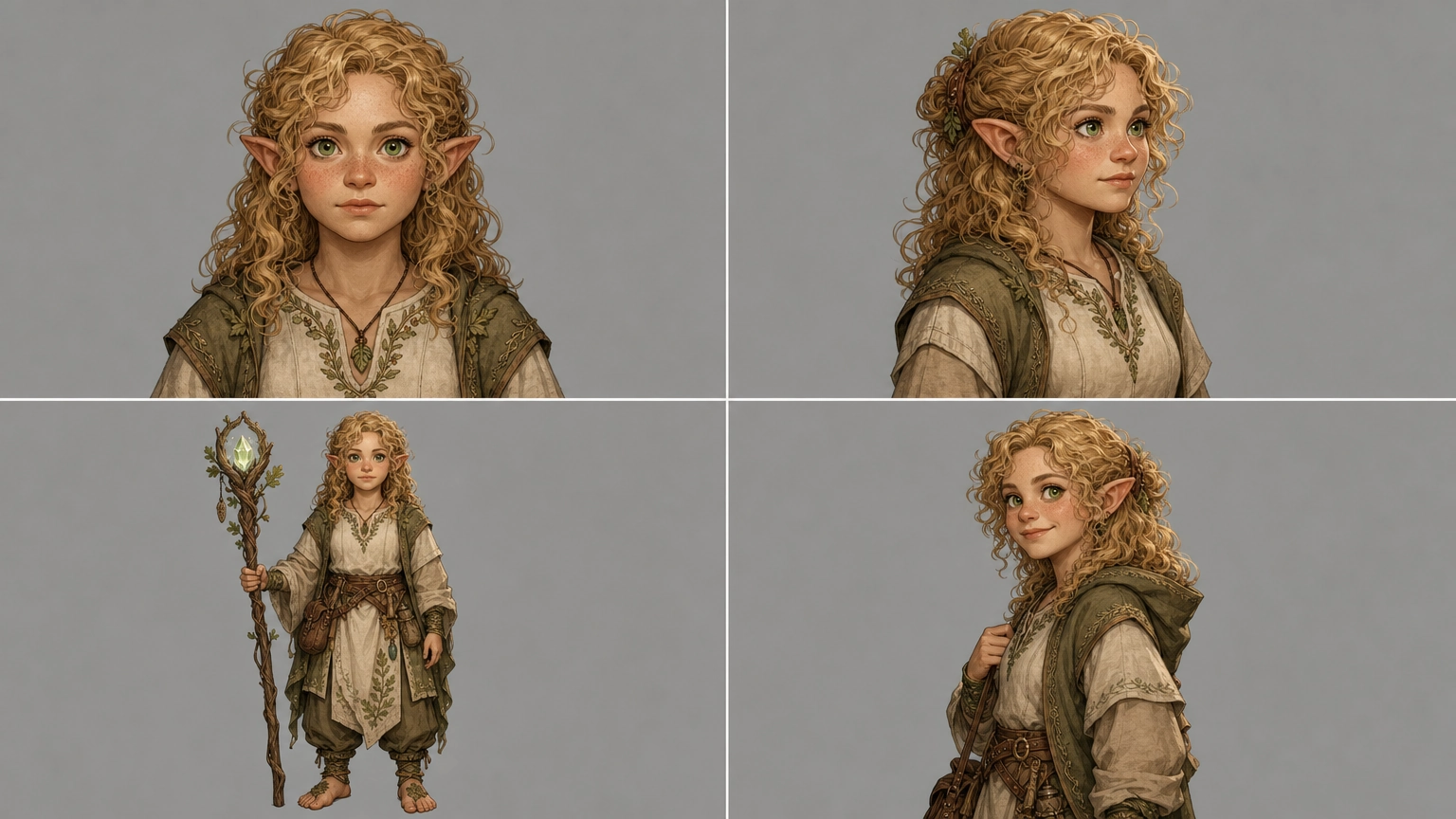A four-panel visual reference sheet showing the same fantasy character, Lyra Meadowlight, from a front portrait, side angle, full-body view, and candid angle, used as a combined reference image for AI character consistency.
