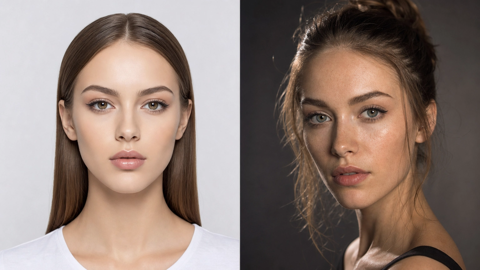 Comparación lado a lado de un retrato con IA de baja calidad con iluminación plana frente a uno de alta calidad con iluminación de estudio direccional y textura de piel visible.