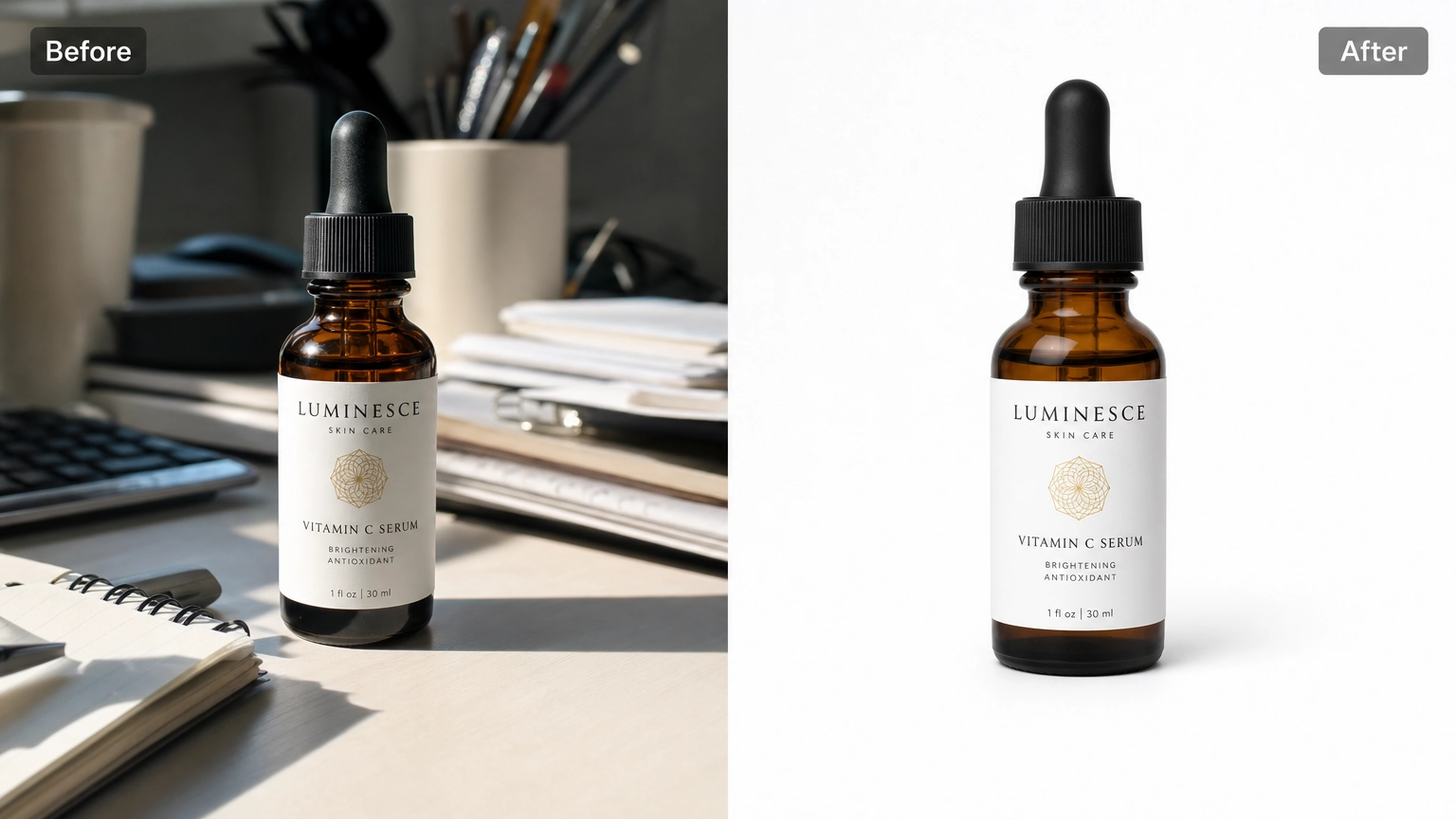 Before-and-after comparison of an AI product photo generator transforming a casual product photo into a clean white marketplace listing, with product label and packaging preserved.