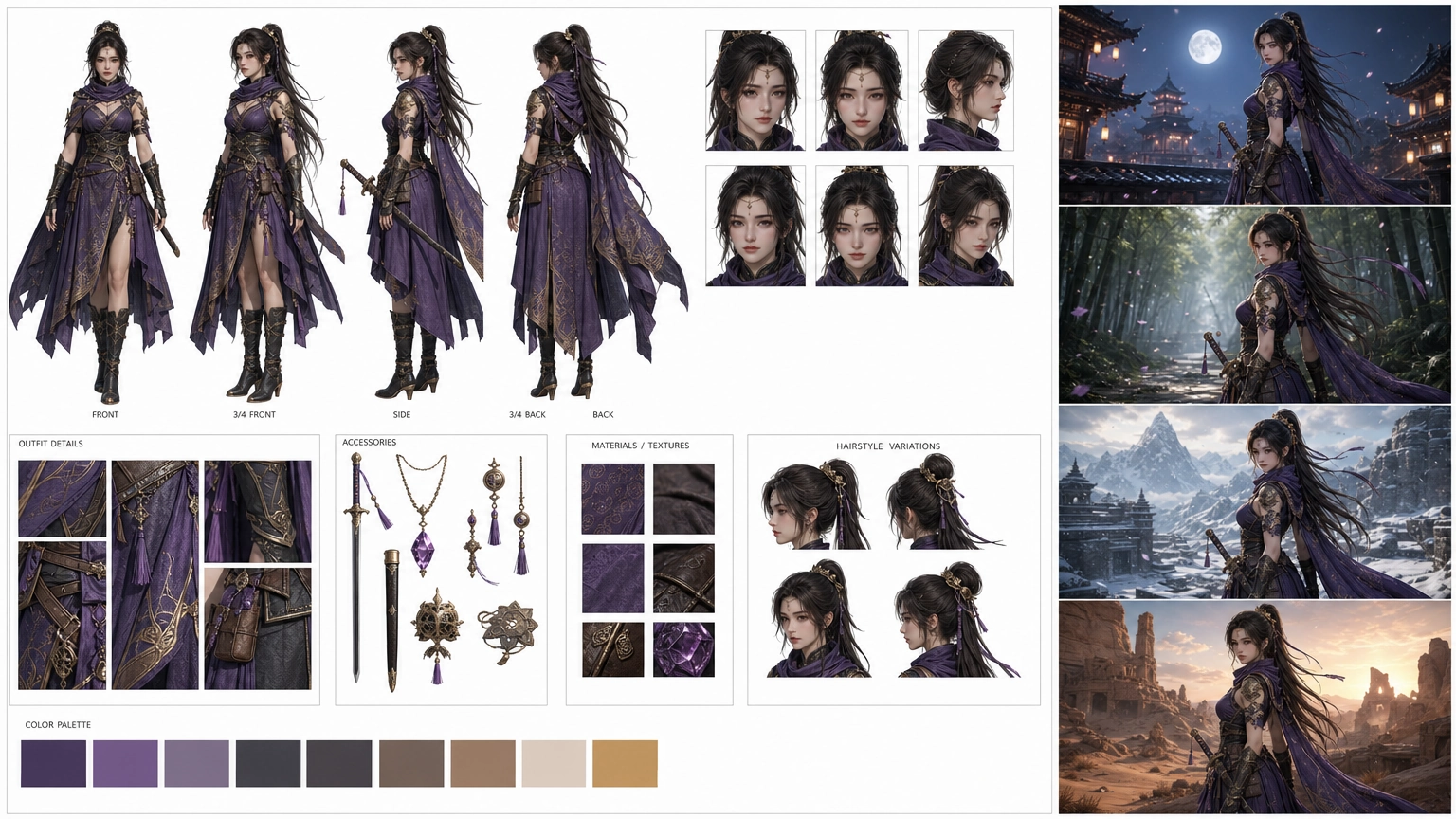A character reference sheet displaying multiple views of the same fantasy character, ensuring visual consistency for AI generation.