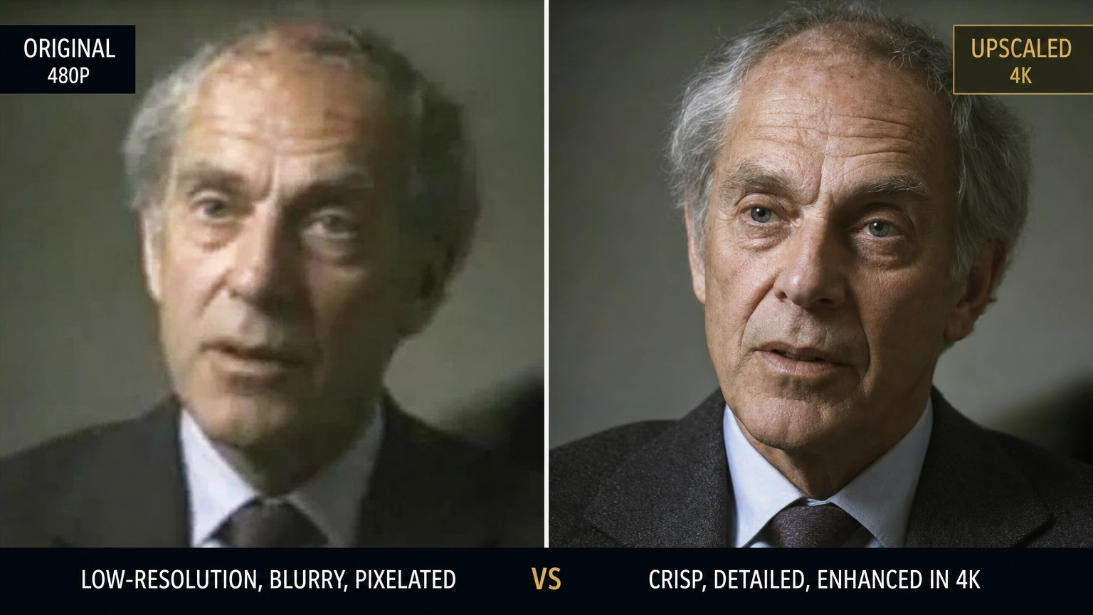 A side-by-side comparison showing the same video frame at 480p on the left and 4K upscaled on the right, highlighting texture and edge detail differences.